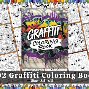 Graffitimålarbok i PDF-format | 102 sidor utskrivbar gatukonst för vuxna och tonåringar | Direktnedladdning Urban konstterapi | Kommersiellt bruk