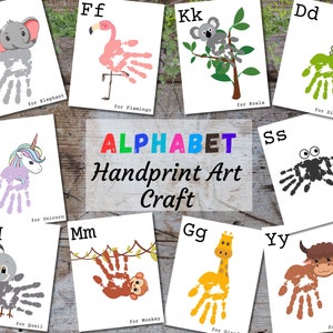 Modelo de livro de alfabeto de impressão de mão, artesanato para pré-escola e jardim de infância, impressões de mãos de animais faça você mesmo, imprimível para sala de aula, jardim de infância, conjunto de escrita ABC
