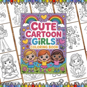 Cute cartoon Girls Coloring Pages, Kawaii Grayscale Book for Adults & Teens, Cute Little Girls Coloring Pages, Grayscale Sheet, Kawaii girls