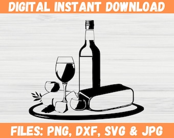 Wijn en kaas viering SVG - snijplank clipart met vleeswaren - silhouet Cricut-bestanden voor wijn SVG, wijn en kaas png, dxf