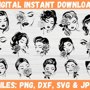 Beautiful Women With Rose SVG, Lady with Floral Flower Clipart, Person Face Silhouette Png, Flower Bouquet Girl Bundle, Circut Files for Svg