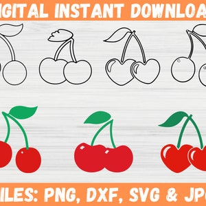 Cherry SVG Bundle - Red Cherry Fruit Clipart for Summer - Heart Shaped Cherries Outline Silhouette Clipart Files Png - Instant Download