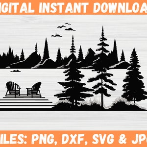 Lake Scene Silhouette SVG | Lake-Dock-Adirondack Chairs Digital Cut File | Cut File | Vinyl Stencil Cut File | PNG | Dxf | Commercial Use