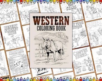 Puede incluir: Una colección de páginas para colorear con temática del Oeste, con ilustraciones de vaqueros, caballos y paisajes desérticos. La imagen central muestra una portada de libro para colorear con el texto "WESTERN COLORING BOOK" y un dibujo de una mula. Las páginas circundantes representan varias escenas.