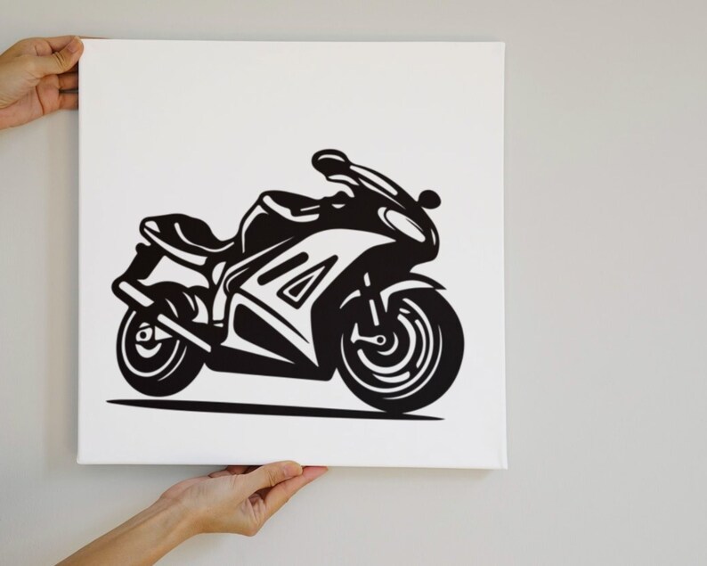 May include: Black and white illustration of a motorcycle on a white background.