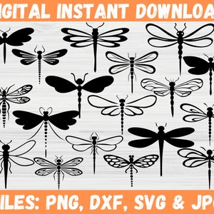 Puede incluir: Un conjunto de 18 ilustraciones de silueta de libélula en blanco y negro. Las ilustraciones están en varias poses y tamaños. El texto "FILES: PNG, DXF, SVG & JPG" está en la parte inferior de la imagen.