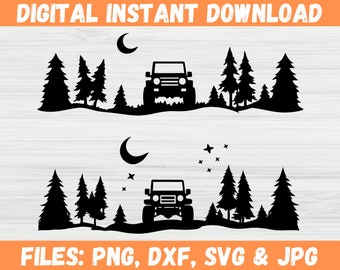 Off Road Szene SVG SUV Abenteuer Silhouette Wald Outdoor Reisen Clipart Wahrzeichen See Berg Cricut Datei kommerzielle Nutzung Instant Download