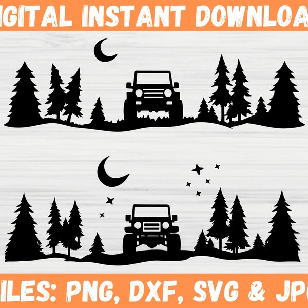 Off Road Scene Svg SUV Aventura Silueta Bosque Viajes al aire libre Imágenes Prediseñadas Punto de referencia Lago Montaña Cricut Archivo Uso comercial Descarga instantánea