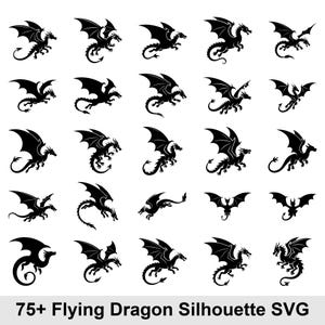 Puede incluir: Siluetas negras de dragones voladores en diversas poses, con alas extendidas y colas enroscadas. Incluye el texto "75+ Flying Dragon Silhouette SVG". Adecuado para proyectos de arte digital.