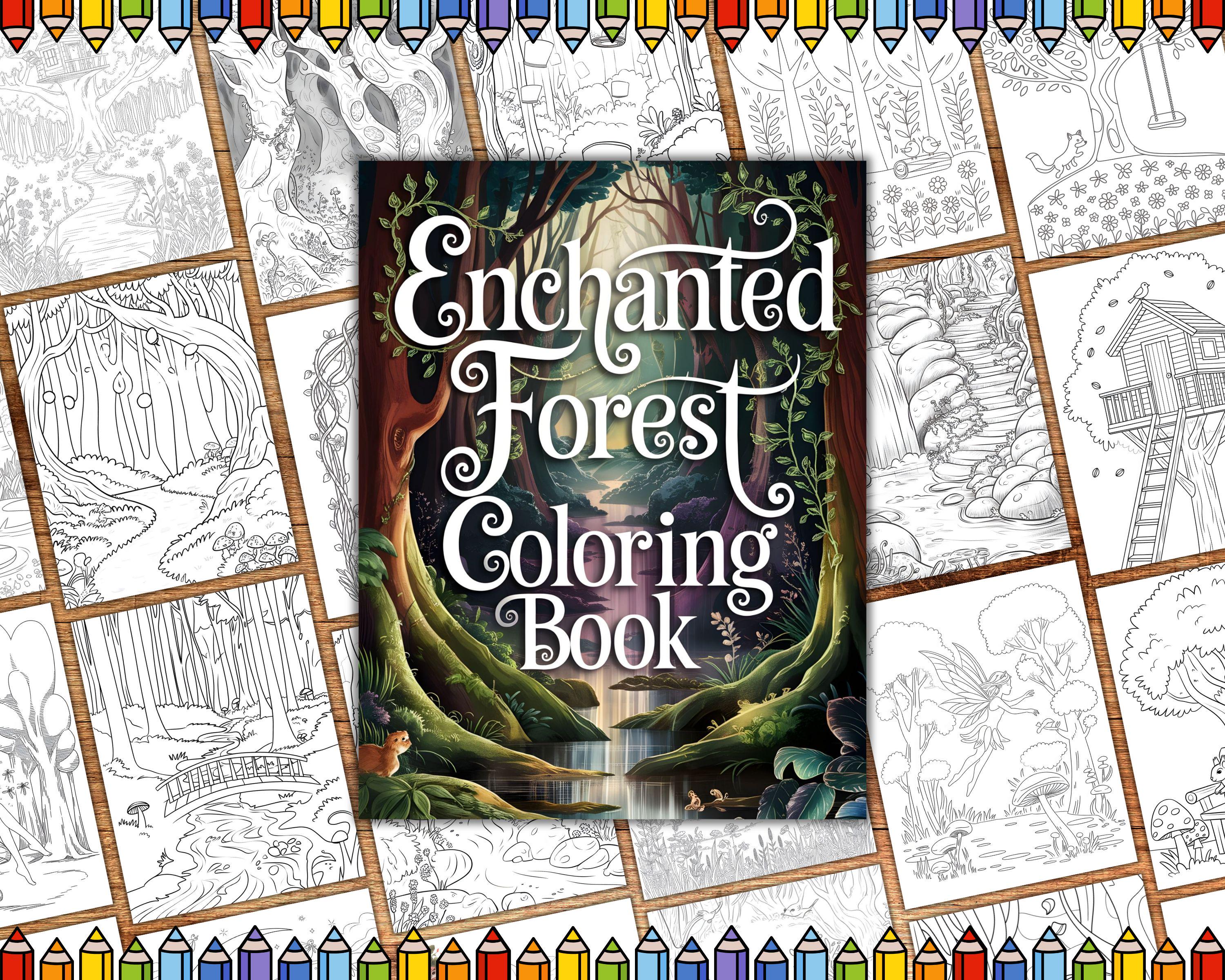 Libro de colorear Bosque Encantado para adultos – Páginas en escala de grises del bosque, escenas de fantasía en frascos, imprimible para relajarse