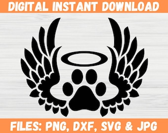 May include: Black graphic of a paw print with a halo and wings, a memorial design. The text "DIGITAL INSTANT DOWNLOAD" is at the top, and "FILES: PNG, DXF, SVG & JPG" is at the bottom.