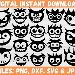 Scary Monster Faces SVG Bundle, Monster Eyes Mouth Clipart, Halloween Monster Outline Vector,  Monster SVG , Halloween, Horror, Cartoon