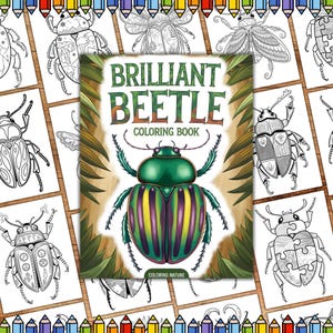 Puede incluir: Un "Brilliant Beetle Coloring Book" con una ilustración de escarabajo verde, amarillo y morado en la portada. Alrededor del libro hay varias páginas para colorear de escarabajos en blanco y negro y un borde de lápices de colores.