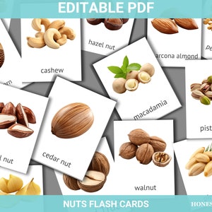 NUTS Montessori Cards, Editable Nomenclature Flashcards, Food & Nutrition Three-Part Cards, Printable for Preschool and Teachers