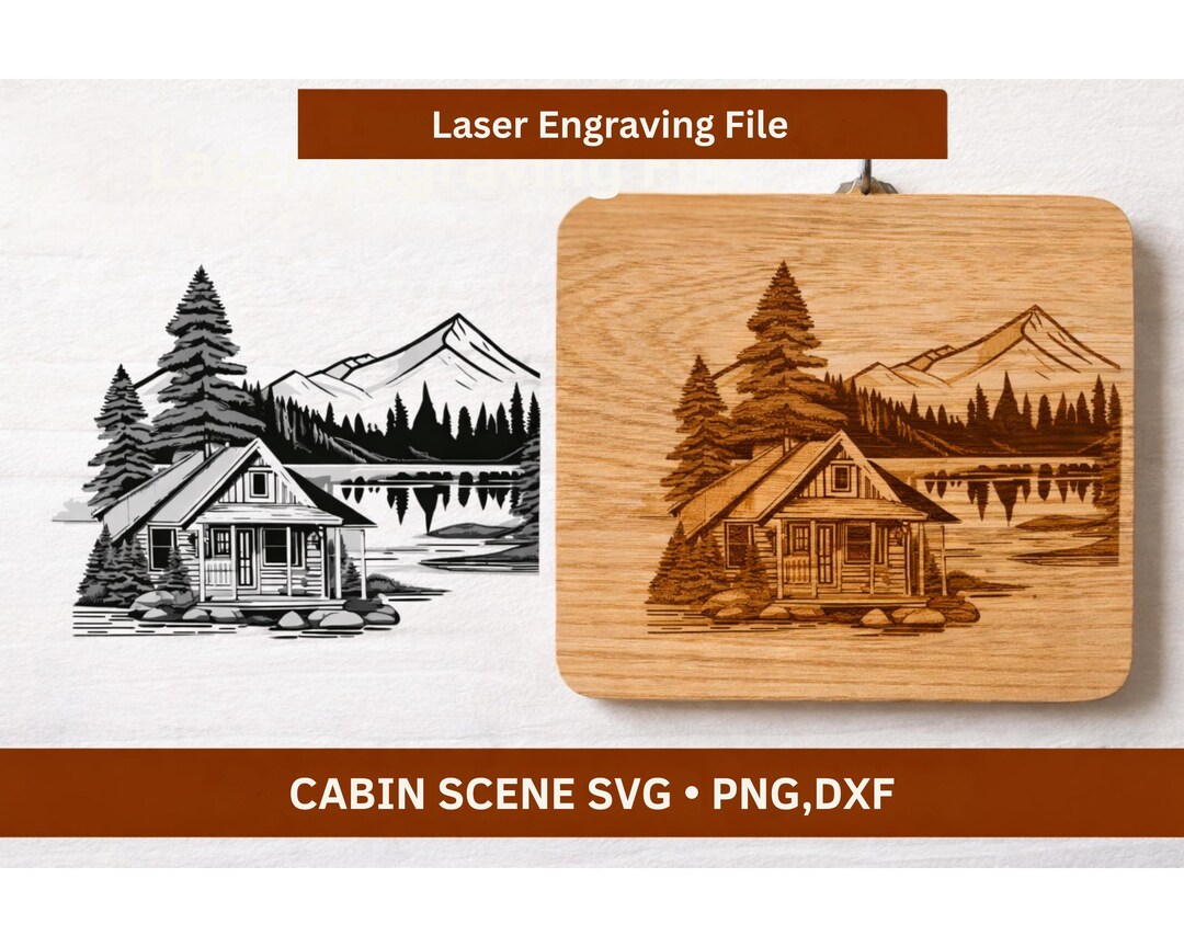 Cabin Scene SVG for Laser Engraving, Forest Cabin by Lake, Mountain ...