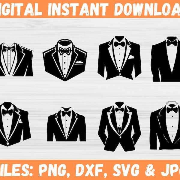 Formal Tuxedo SVG Bundle, Suit With Bow Time Clipart, Formal Graduation Male Silhouette, Wedding Tuxedo Shirt Png, Cricut Cut Files for Svg