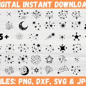Sterne funkeln SVG, helle Sterne funkeln Clipart, sofortiger digitaler Download, Cricut-Datei, Mega Bundle, Glanz Stern Silhouette, Stern Mond leuchtend