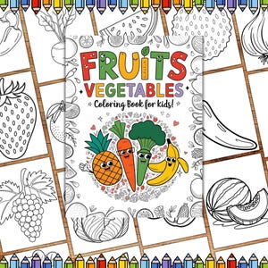 Könnte beinhalten: Ein Schwarzweiß-Malbuch mit dem Titel "Obst & Gemüse Malbuch für Kinder!" Das Cover zeigt eine Ananas, eine Karotte, einen Brokkoli und eine Banane mit lächelnden Gesichtern.