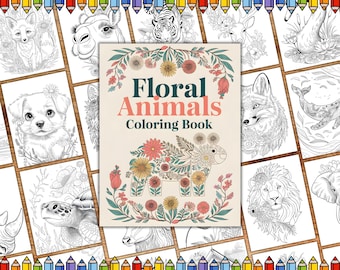 Floral Animal Coloring Page, Animal Coloring Page for Adults and Kids, Kids, Baby Safari Farm Ocean Animal, Little Farm Animal Coloring Book