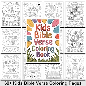May include: A Kids Bible Verse Colouring Book with over 60 pages. The cover shows colourful leaves and the title. Individual colouring pages include Bible verses like "Do Not Worry" and "Trust in the Lord," with illustrations of birds, flowers, and rainbows.