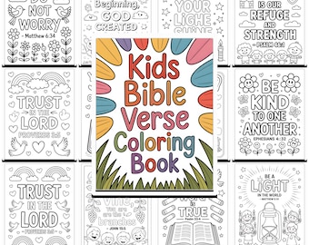 Op de afbeelding: Een kleurboek met Bijbelverzen voor kinderen met meer dan 60 pagina's. De omslag toont kleurrijke bladeren en de titel. Individuele kleurplaten bevatten Bijbelverzen zoals 'Wees niet bezorgd' en 'Vertrouw op de Heer', met illustraties van vogels, bloemen en regenbogen.