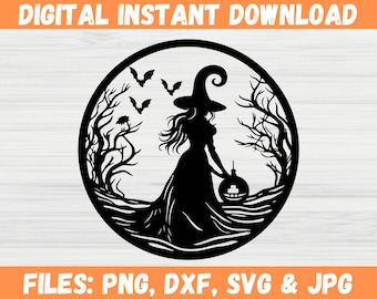 Wicked Witch Halloween SVG, Witch Silhouette Cut File, Witch on Moon SVG, Spooky Witch SVG, Broomstick, Halloween Decal, instant download