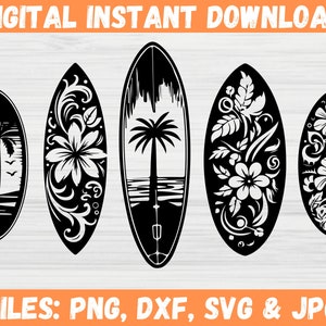 Pacote Floral Surfboard SVG: Modelo de prancha de surfe, Beach Surf Life, Surfing Hawaiian Summer SVG - Arquivos Silhouette Cricut para Svg,Png,Dxf,Jpg