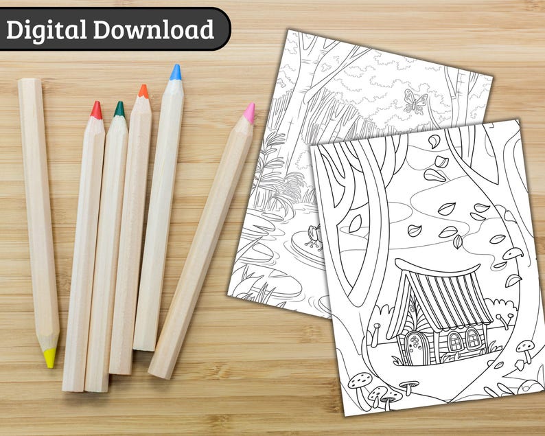 magical forest coloring pages stress relief adult coloring printable enchanted forest designs grayscale pages relaxation book for teens nature themed art stress free coloring