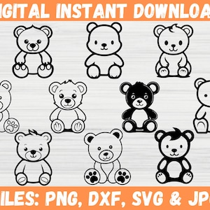 Cute Teddy Bear Clipart SVG, Nursery Brown Bear Digital Download File, Stuffed Animal Bear Pattern PNG, Teddy Bear Cricut Shirt Silhouette.