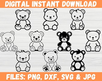 Cute Teddy Bear Clipart SVG, Nursery Brown Bear Digital Download File, Stuffed Animal Bear Pattern PNG, Teddy Bear Cricut Shirt Silhouette.