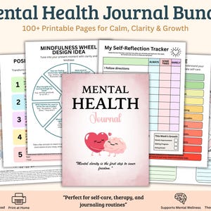 Könnte beinhalten: Ein Bundle aus druckbaren Mental Health Journal Seiten. Das Cover des Journals ist rosa mit den Worten "Mental Health Journal" und einer Herz- und Gehirn-Grafik. Enthält Selbstreflexions-Tracker und Achtsamkeitsübungen.