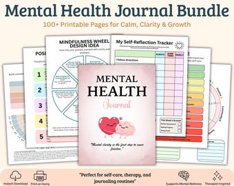Può includere: Un pacchetto di pagine stampabili di diario di salute mentale. La copertina del diario è rosa con le parole "Mental Health Journal" e una grafica a cuore e cervello. Include tracker di autoriflessione ed esercizi di mindfulness.