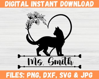 Monograma de corazón de gato SVG para Cricut / Diseño de gatito asomado / Regalo personalizado para amantes de los gatos / Marco con nombre dividido, descarga digital