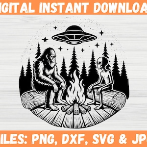Fogata extraterrestre Bigfoot SVG PNG Descarga digital Divertido archivo de corte OVNI para Cricut Silueta Camisetas Uso comercial Divertido Camping Svg