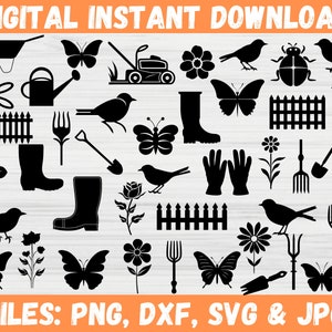 Garden Tools Icon Clipart SVG, Summer Gardening Silhouette Farmer, Gardener Kit Spring Vector, Flower Rake Spade Fork Cricut Files for Svg