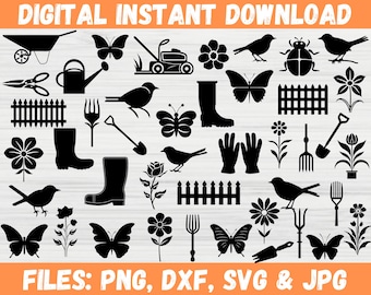 Garden Tools Icon Clipart SVG, Summer Gardening Silhouette Farmer, Gardener Kit Spring Vector, Flower Rake Spade Fork Cricut Files for Svg