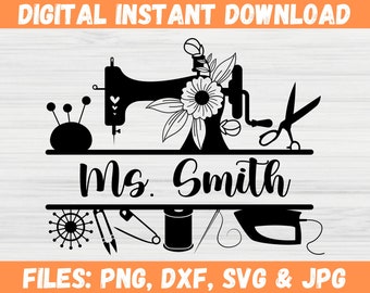 Sewing Machine SVG, Sewing Split-frame Monogram Svg, Personalised Sewing Decal, Tailor Crafting Silhouette, Cut File For Cricut Svg/Png/Dxf