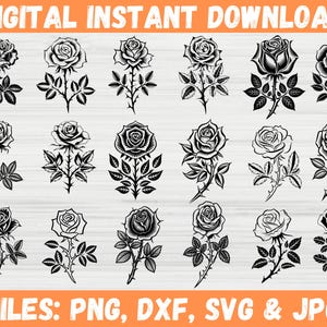 May include: Digital instant download featuring various black and white rose illustrations. Each rose design includes detailed petals, leaves, and stems. The image also includes the text "DIGITAL INSTANT DOWNLOAD" and "FILES: PNG, DXF, SVG & JPG".