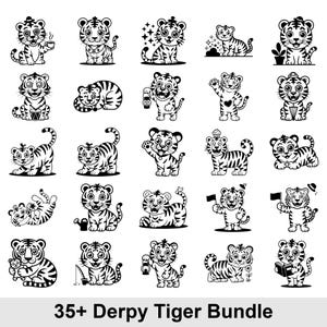 May include: A collection of 25+ black and white cartoon tiger illustrations in various poses. The tigers are depicted with different accessories and expressions, with the text "35+ Derpy Tiger Bundle" at the bottom.