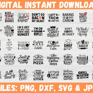 May include: A digital download graphic with kitchen-themed quotes in black text on a white background. Phrases include "Bake it 'til you make it" and "Life is short, eat the cake." The image has an orange header and footer.
