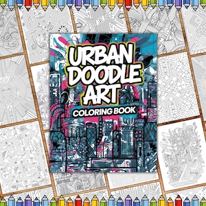 May include: A coloring book with a black and white illustration of a city skyline and the text "Urban Doodle Art Coloring Book" on the cover.