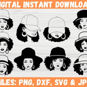 Afro vrouw Cap lage hoed SVG, mooie Afro-Amerikaanse silhouet bundel, zwarte koningin melanine Vector, Afro Hair Girl Cricut-bestanden voor Svg