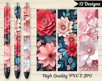 12 Floral Pen Wrap PNG Bundle, 3D Paper Cut Flower Designs for Sublimation and Epoxy Pens, Digital Design Set for Crafters
