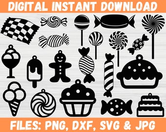 Puede incluir: Un conjunto de 20 archivos de corte SVG en blanco y negro que presentan varios dulces, incluyendo piruletas, caramelos, helados, magdalenas y un hombre de jengibre. El texto "FILES: PNG, DXF, SVG & JPG" está en la parte inferior de la imagen.