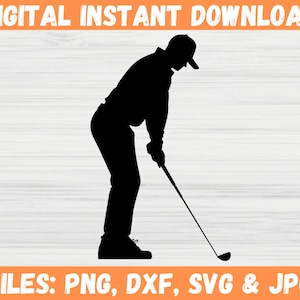 Golf SVG, golfeur homme jouant au golf Design, Silhouette fichiers Cricut pour Svg, Png, Dxf, Jpg - vecteur de clipart balle de golf de sport, Svg de club de golf