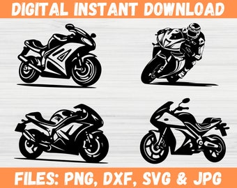 May include: Four black and white silhouette images of motorcycles. The motorcycles are in different poses, including one with a rider. The text "FILES: PNG, DXF, SVG & JPG" is at the bottom of the image.