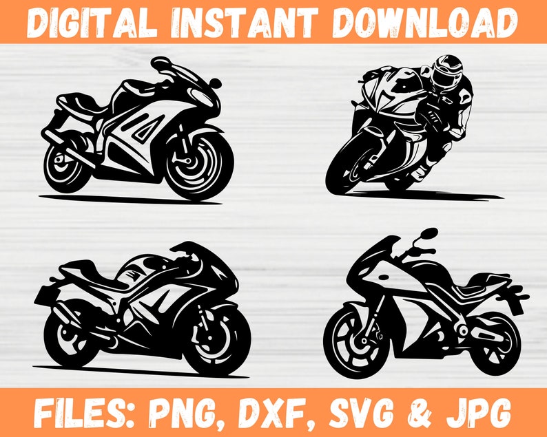 May include: Four black and white silhouette images of motorcycles. The motorcycles are in different poses, including one with a rider. The text "FILES: PNG, DXF, SVG & JPG" is at the bottom of the image.