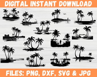Beach Scene SVG Bundle Tropical Sunset Palm Tree Cut Files for Cricut Silhouette Commercial Use Instant Download