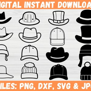 Hat Bundle SVG, Head Sun Hats Clipart, Cute Beanie Silhouette Design, Baseball Cap Top Hat, Cowboy Hat Download, Cricut Cut Files for SVG