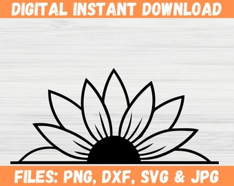Paquete SVG de medio girasol, archivo de corte PNG de silueta floral de girasol para Cricut, SVG de flor de monograma